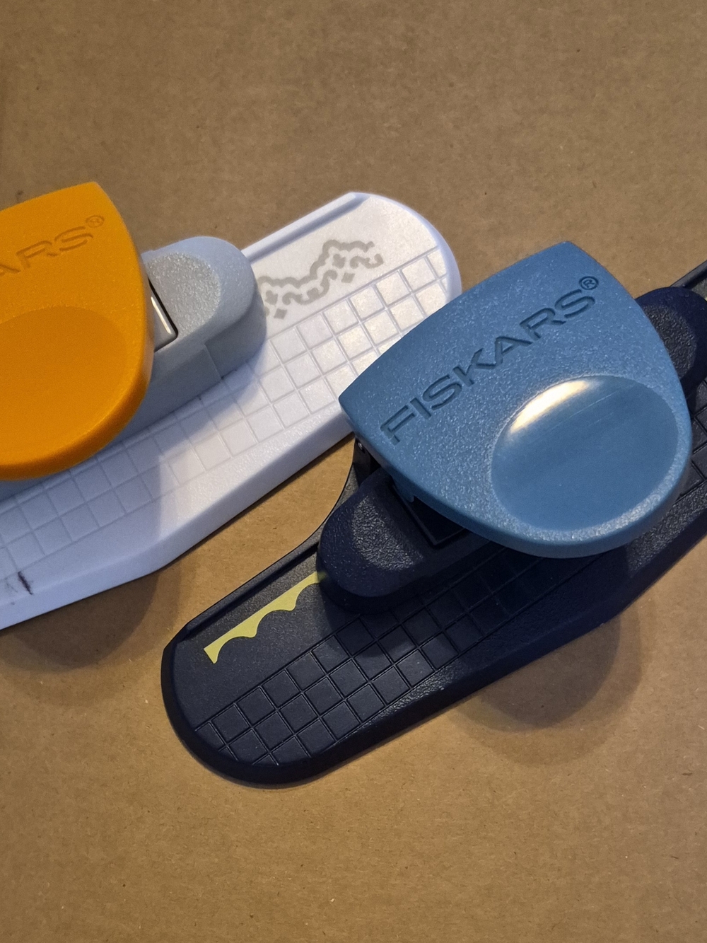 TWO Fiskars Craft Edge Punch Set in Blue, White & Orange
